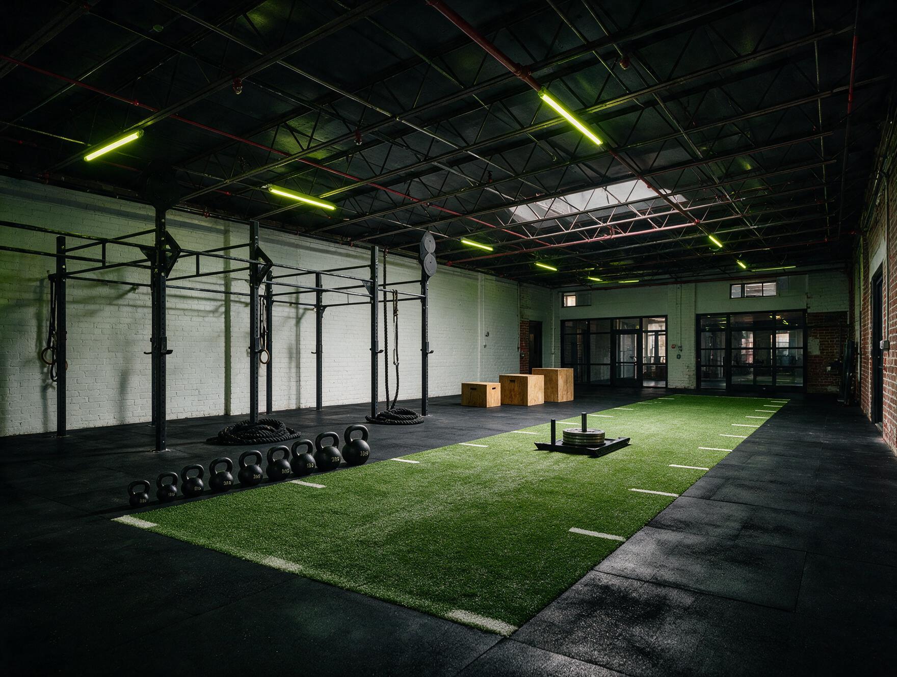 Zona de entrenamiento funcional con césped, trineo y kettlebells